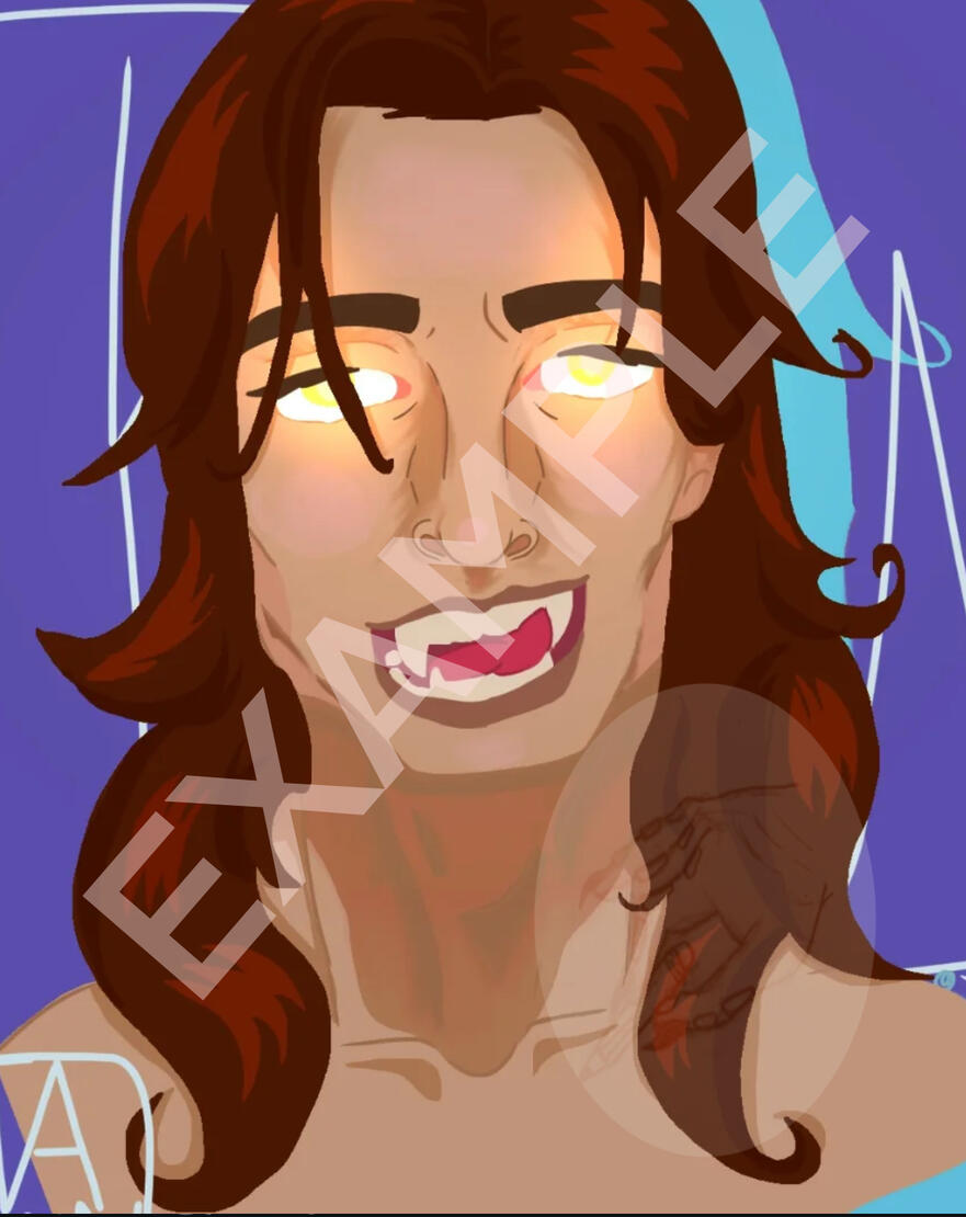Vampire Headshot art: Long Brown hair, yellow glowing eyes, large fangs, licking lips.