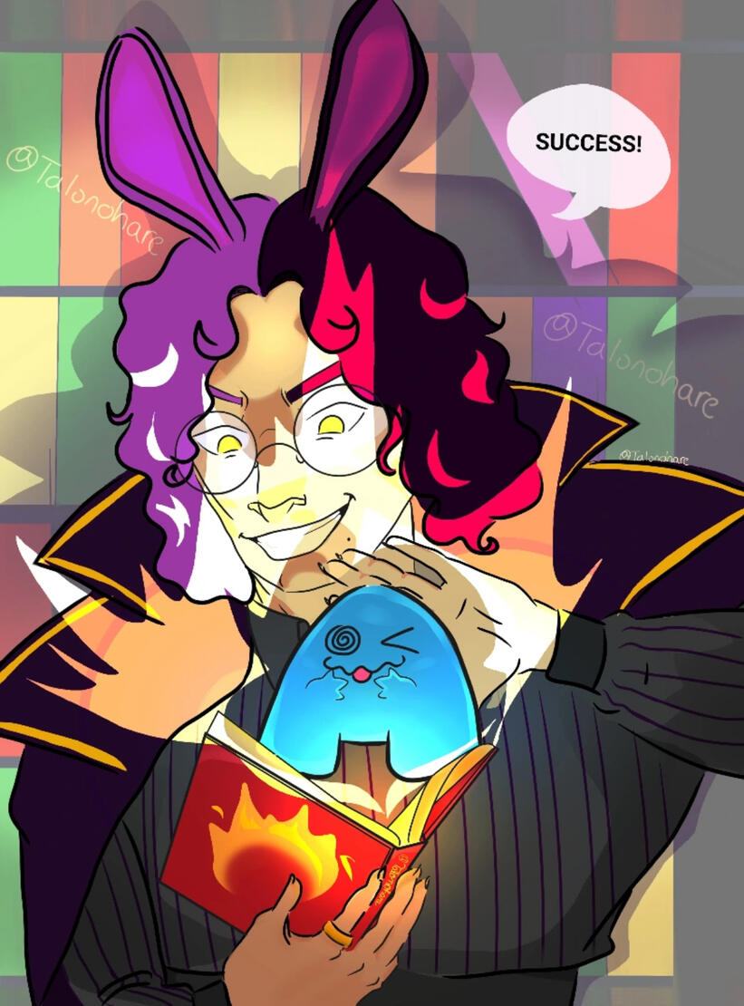 TalonOhare’s Original Character. Humanoid character with Hare ears, half black half purple hair, magical book with bright effects, artistally mascot floating above book with dizzy face, bookshelf background, “Success!” Being shouted by Hare character.